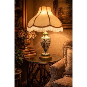 Vintage Hand-Painted Lamp with Fringe Shade Hollywood Regency / Victorian Style